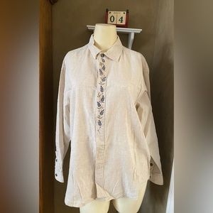 Vintage Liz Wear Natural Beige Floral Embroidered Blouse Women's Shirt, Medium